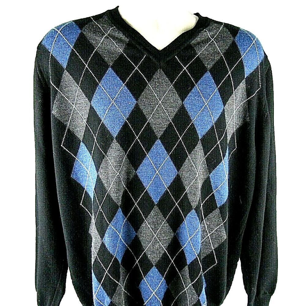 Marco Fiori Argyle Pattern Merino Wool Sweater Italy Size X-Large Gray / Blue